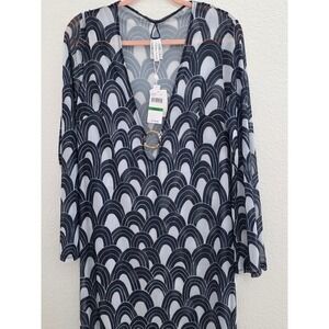 Trina Turk Navy White Arch Print Mesh V-Neck Ring Cover-Up Dress 3076265M Large